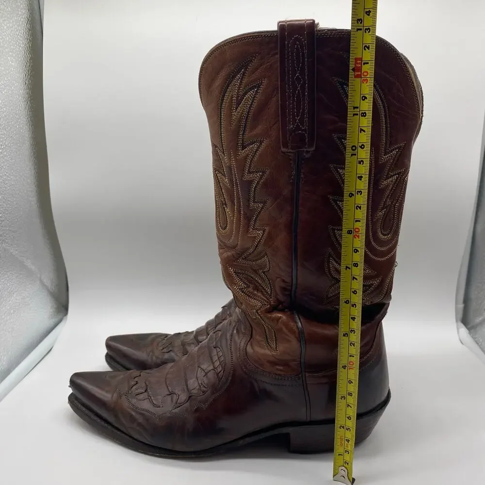 1883 Lucchese Brown Leather Caiman Inlay Snip Toe Cowboy Boots Embroider Men 8 D